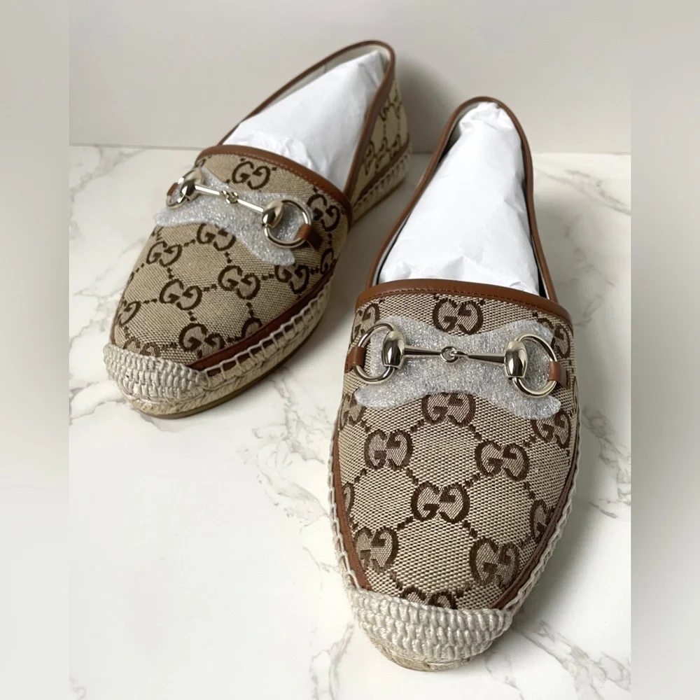New Gucci Womens Espadrilles Brown Camel GG Canvas Size 38